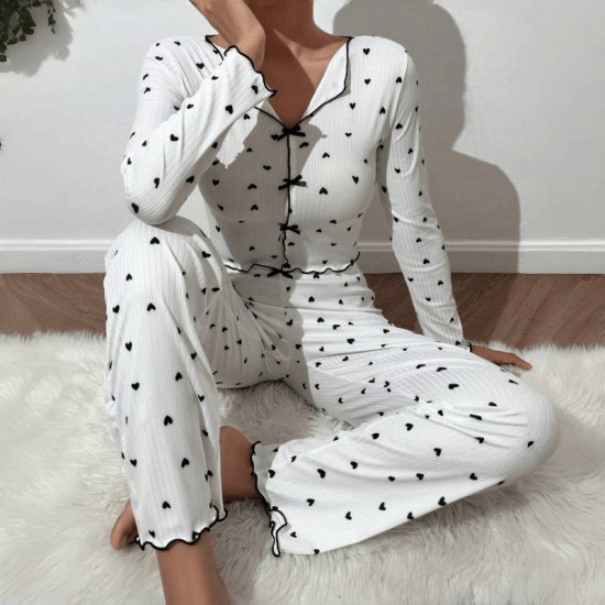 Cross-border best-selling home wear with heart patterns in European style, jacquard long-sleeved pants with a turned-up collar pajama set for women that can be worn outside