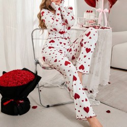 Two-piece set of autumn-winter cross-border home wear with heart-shaped printed lapel pajama set for women in European style that can be worn outside
