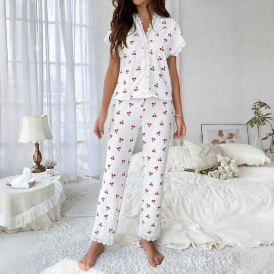 Cross-border best-selling women's home wear with cherry print water-soluble embroidery edges, short-sleeved pants that can be worn outside, women's casual pajamas