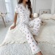 Cross-border best-selling women's home wear with cherry print water-soluble embroidery edges, short-sleeved pants that can be worn outside, women's casual pajamas