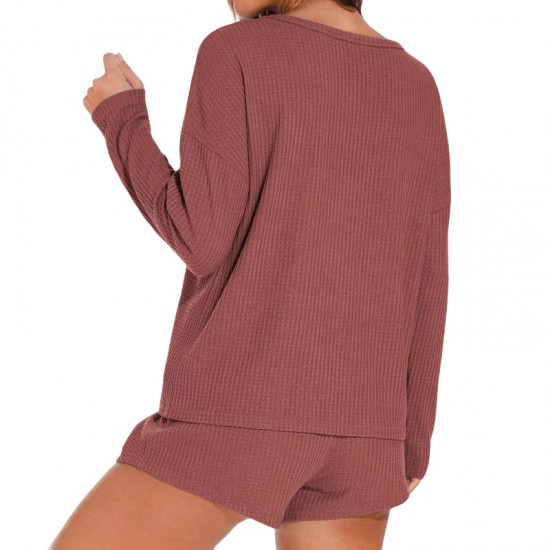 Waffle knit women's pajama set with long-sleeved top and short pants for a casual outfit that can be worn outside