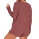 Waffle knit women's pajama set with long-sleeved top and short pants for a casual outfit that can be worn outside