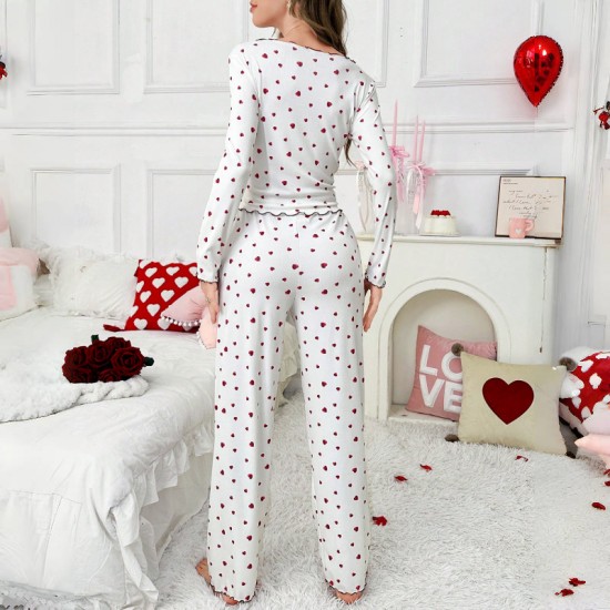 Cross-border home wear set for autumn-winter with heart patterned collared sleepwear for women and long-sleeved pants. Two-piece set that can be worn outside. Cross-border home wear set with heart patterned sleepwear and long-sleeved pants for European-st