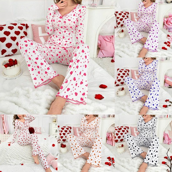 New cross-border home wear with heart patterns in European style, long-sleeved pants with elastic and flowery patterns, two-piece set for women's pajamas that can be worn outside