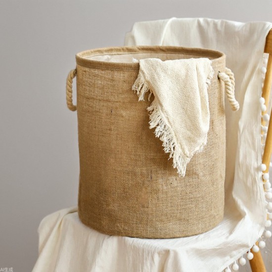 Pure Time Selected Large Thickened Jute Laundry Basket, Portable Cotton Rope Hamper, Household Laundry Storage Bin.
