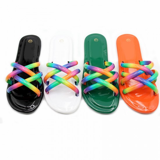 Cross-border flat open-toe flip-flops for women, colorful cross-strap casual and versatile beach sandals.