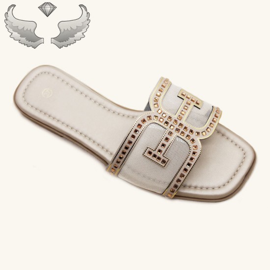 Cape Verde cross-border diamond-studded flat slippers, women's summer square-toed casual flip-flops.