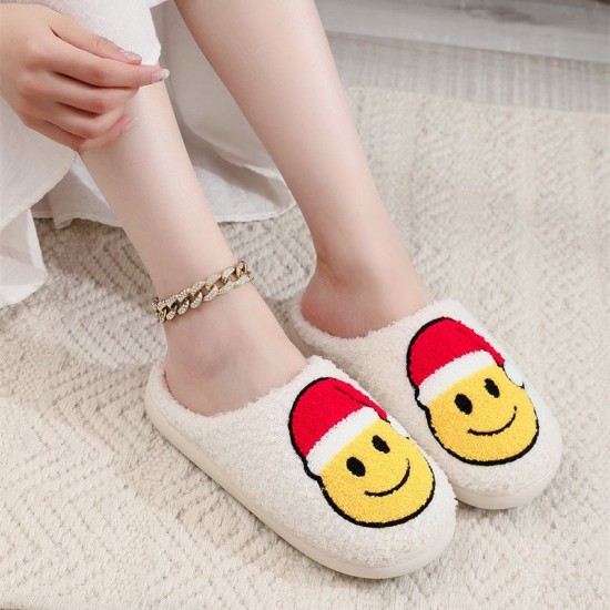 Comfortable and cute cartoon smiling Santa hat, Christmas tree, strawberry cotton slippers for couples, warm cotton slippers.