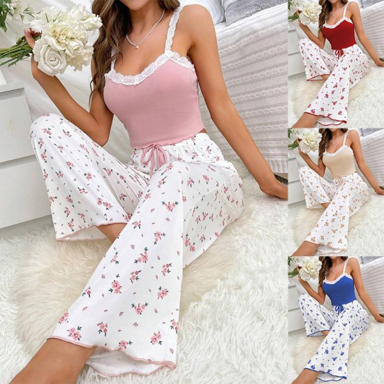 Cross-border trendy sleepwear set for women, summer floral printed long-sleeved pants, European-style women's pajamas with elastic and comfortable fit Cross-border best-selling European-style autumn and winter home wear, sexy and casual fashionable long-s