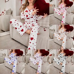 Two-piece set of autumn-winter cross-border home wear with heart-shaped printed lapel pajama set for women in European style that can be worn outside