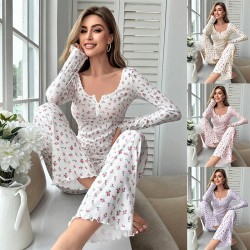 Cross-border best-selling Amazon-style home wear with casual floral printed pants, long-sleeved pants two-piece set, European-style women's pajamas that can be worn outside