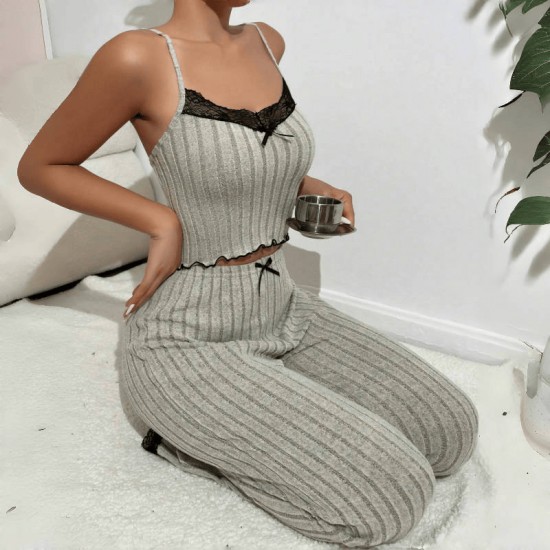 Pajama set for women in summer with European letter pattern short-sleeved T-shirt, bow tie striped short pants, home wear set