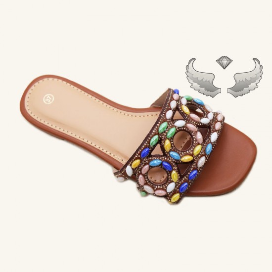 Wholesale Flat Slippers: Women's shoes, fashionable, thick-soled, durable, casual outdoor slippers with rhinestones.