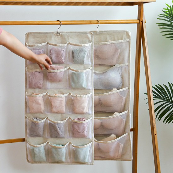 Pure Time double-sided cotton and linen underwear hanging bag, multifunctional sock storage bag for home use, wardrobe expansion storage bag.