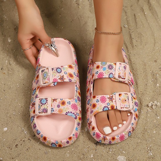 Floral-print flip-flops, women's summer beach slippers, wholesale thick-soled new sandals.