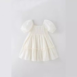 Children's summer new European and American style solid-color dresses for small and medium-sized children, stylish short-sleeved girls' skirts