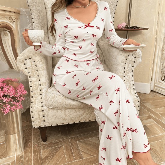 Cross-border Amazon European style pajama set for women with butterfly knot long pants and long-sleeved set with printed patterns and elastic for comfortable and casual home wear