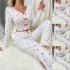 Cross-border best-selling home wear with heart patterns in European style, V-neck jacquard long-sleeved pants pajama set for women that can be worn outside