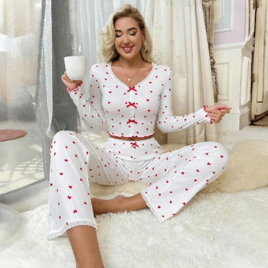 Cross-border best-selling home wear with heart patterns in European style, V-neck jacquard long-sleeved pants pajama set for women that can be worn outside