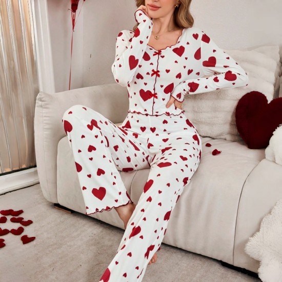 Two-piece set of autumn-winter cross-border home wear with heart-shaped printed lapel pajama set for women in European style that can be worn outside