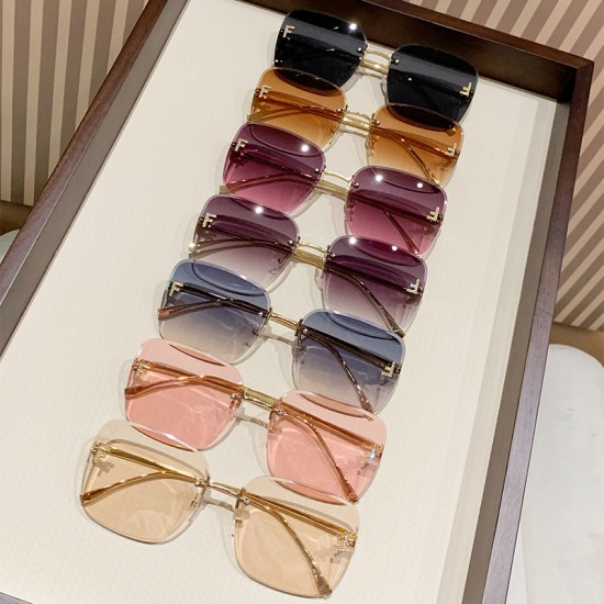 New cross-border metal rimless sunglasses for women, European and American fashion glasses, letter F diamond-studded square large-frame sunglasses for women