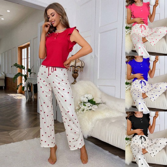 Cross-border women's home wear with heart patterns in European style, short-sleeved pants with small flaps and cuffs, two-piece set with a flowery pattern for casual and comfortable home wear