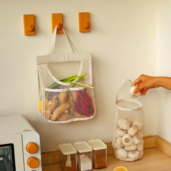 Mesh breathable wall-mounted storage bag for ginger and garlic, cotton and linen thickened mesh bag, large-capacity kitchen fruit and vegetable moisture-proof hanging bag