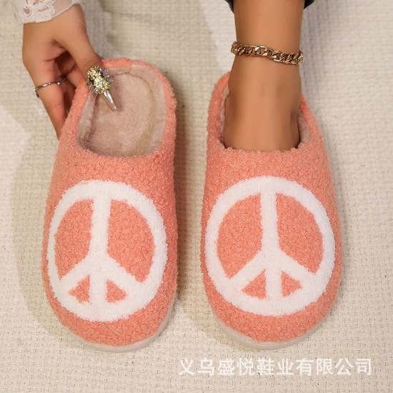 New cotton slippers with peace sign patterns, thickened and non-slip for winter couples.