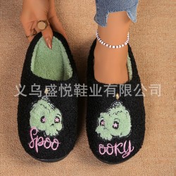 Cross-border Christmas funny Green Grinch fur slippers, comfortable and warm cotton slippers for winter couples, plush slippers.