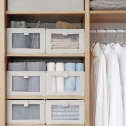 Japanese-Style Tianshan Cotton and Linen Storage Boxes with Folding Window and Wardrobe Drawer Storage boxes for toys, clothes, and other miscellaneous items.