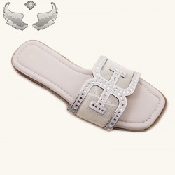 Cape Verde cross-border diamond-studded flat slippers, women's summer square-toed casual flip-flops.