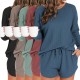 Waffle knit women's pajama set with long-sleeved top and short pants for a casual outfit that can be worn outside