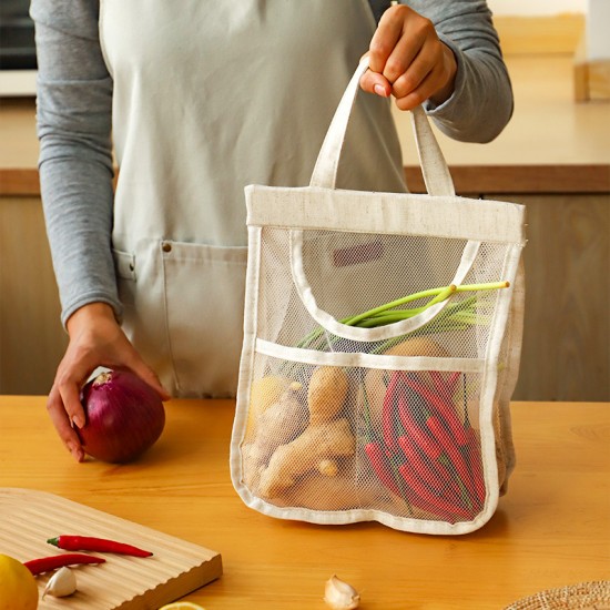 Mesh breathable wall-mounted storage bag for ginger and garlic, cotton and linen thickened mesh bag, large-capacity kitchen fruit and vegetable moisture-proof hanging bag