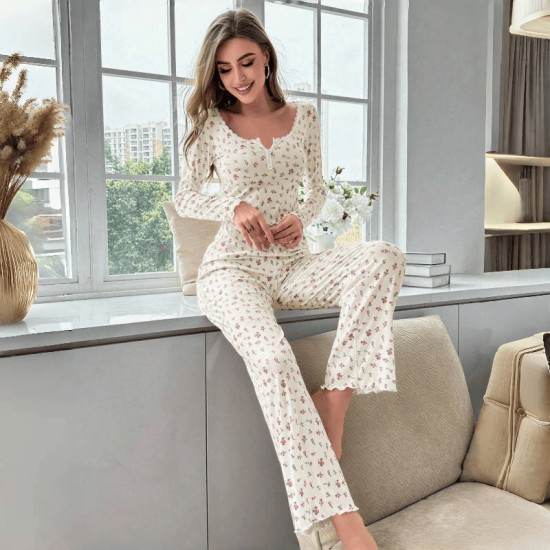 Cross-border best-selling Amazon-style home wear with casual floral printed pants, long-sleeved pants two-piece set, European-style women's pajamas that can be worn outside