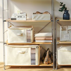 Japanese-Style Fabric Storage Box, Foldable Clothes and Quilt Storage Box with Window, Large-Capacity Drawstring Storage Basket