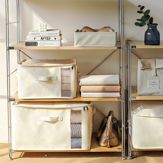 Japanese-Style Fabric Storage Box, Foldable Clothes and Quilt Storage Box with Window, Large-Capacity Drawstring Storage Basket