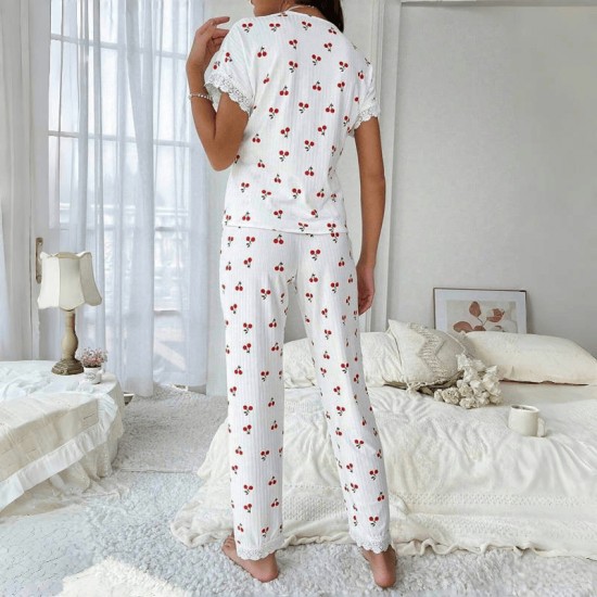 Cross-border best-selling women's home wear with cherry print water-soluble embroidery edges, short-sleeved pants that can be worn outside, women's casual pajamas