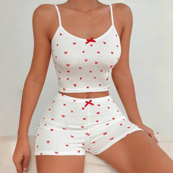 Cross-border European style sexy and fashionable home wear with long-sleeved pants for women with heart-shaped printed patterns and elastic, two-piece set for women that can be worn outside