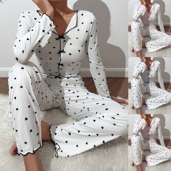 Cross-border best-selling home wear with heart patterns in European style, jacquard long-sleeved pants with a turned-up collar pajama set for women that can be worn outside