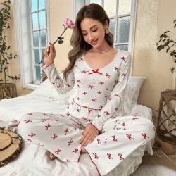Cross-border Amazon European style pajama set for women with butterfly knot long pants and long-sleeved set with printed patterns and elastic for comfortable and casual home wear