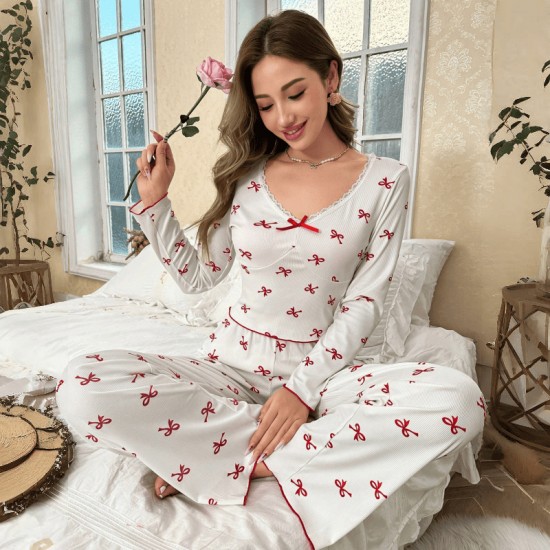 Cross-border Amazon European style pajama set for women with butterfly knot long pants and long-sleeved set with printed patterns and elastic for comfortable and casual home wear