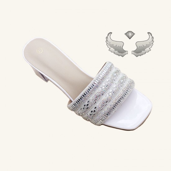 Wholesale spot slippers, cross-border women's shoes, fashionable crystal mid-heel square-toe slippers